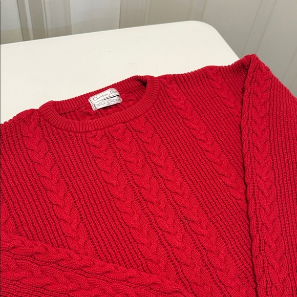 Christian Dior Men's 1980s Vibrant Red CableKnit Crew Neck Refined Sweater Large - Picture 5 of 15